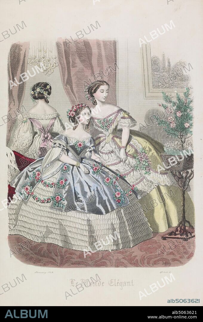 Fashion plate from Le Monde Elegant, 1859, Print, Women, Flower, Plant, Costume, Fashion, Clothing, Dress, Seated, Exhibition, Dressed to the Nines.