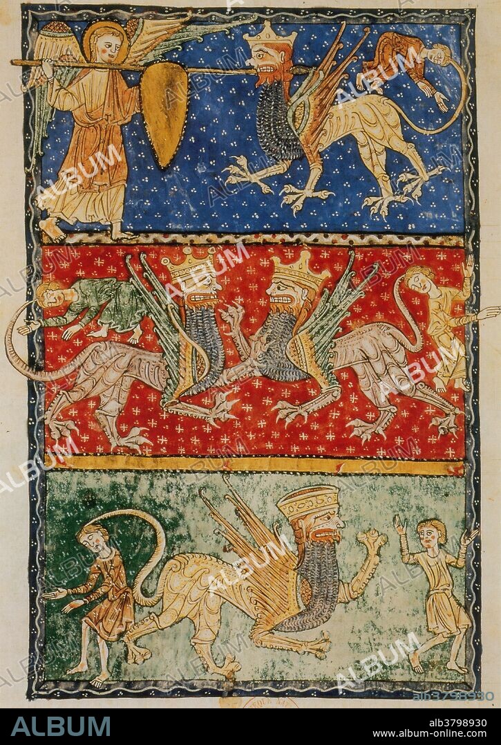 The angel of the abyss is Abaddon described as a personified star who falls to Earth from heaven and is given the key to open the bottomless pit. Abaddon opens the pit, releasing a swarm of locusts.The plague of locusts resemble horses with crowned human faces, women's hair, lions' teeth, wings, iron breast-plates, and a tail with a scorpion's stinger that torments for five months anyone who does not have the seal of God on their foreheads. Commentary on the Apocalypse (Commentaria In Apocalypsin) was an eighth century work by the Spanish monk and theologian Beatus of LiÃ©bana. It is often referred to simply as the Beatus. The Beatus codices are among the most important Spanish medieval manuscripts and have been the subject of extensive scholarly and antiquarian enquiry. Illuminated manuscript, Beatus of San Andres de Arroyo, 1215.