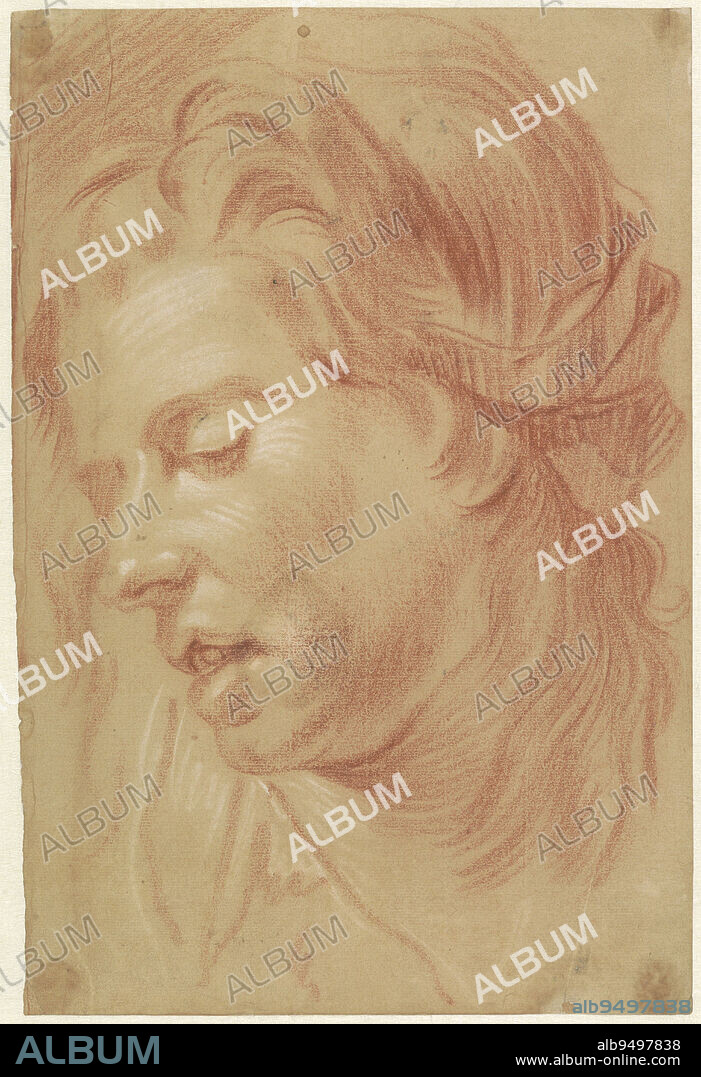 Head of a woman with half-open mouth, eyes closed, in three quarters to the left., Head of a woman with half-open mouth, draughtsman: Jan Anton Garemyn, 1722 - 1799, paper, h 306 mm × w 206 mm.