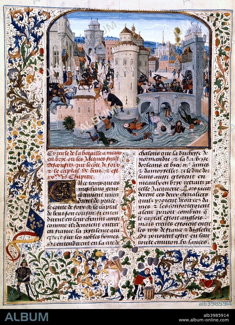 Massacre of the peasant rebels at Meaux, (1358), c1475. Illustration from Jean Froissart's chronicles, showing the Jacquerie (popular revolt) in the town of Meaux. Gaston de Foix and the Captal de Buch throw the bodies into the River Marne. In reprisal, the town was sacked and the mayor hanged. From the collection of the Bibliotheque Nationale, Paris.