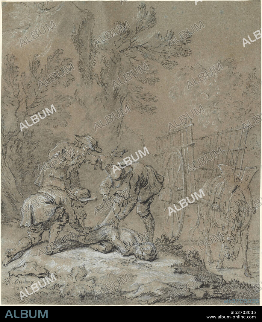JEAN-BAPTISTE OUDRY. Ragotin lie par les parents du fou. Dated: 1727. Dimensions: overall: 32.8 x 28 cm (12 15/16 x 11 in.). Medium: black chalk heightened with white chalk on blue laid paper.