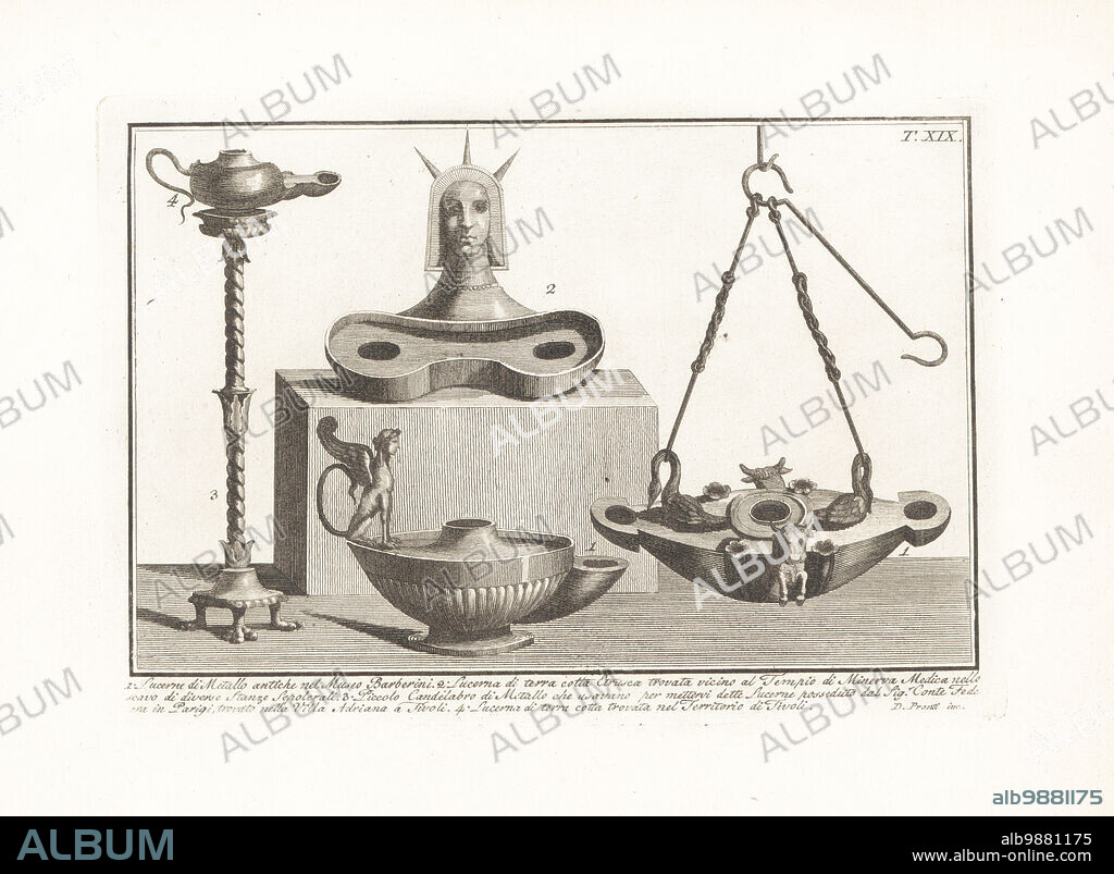 Ancient metal lamp with bulls and swans from the Barberini Museum 1, Etruscan terracotta lamp from near the Temple of Minerva Medica 2, small metal candelabra found in Hadrian's Villa in Tivoli 3, and terracotta lamp with sphinx found near Tivoli. Copperplate engraving by Domenico Pronti from his own New Collection Representing Religious, Civil and Military Costumes of the Ancient Egyptians, Etruscans, Greeks and Romans, Nuova Raccolta Rappresentante I Costumi Religiosi Civili e Militari, Rome, 1805.