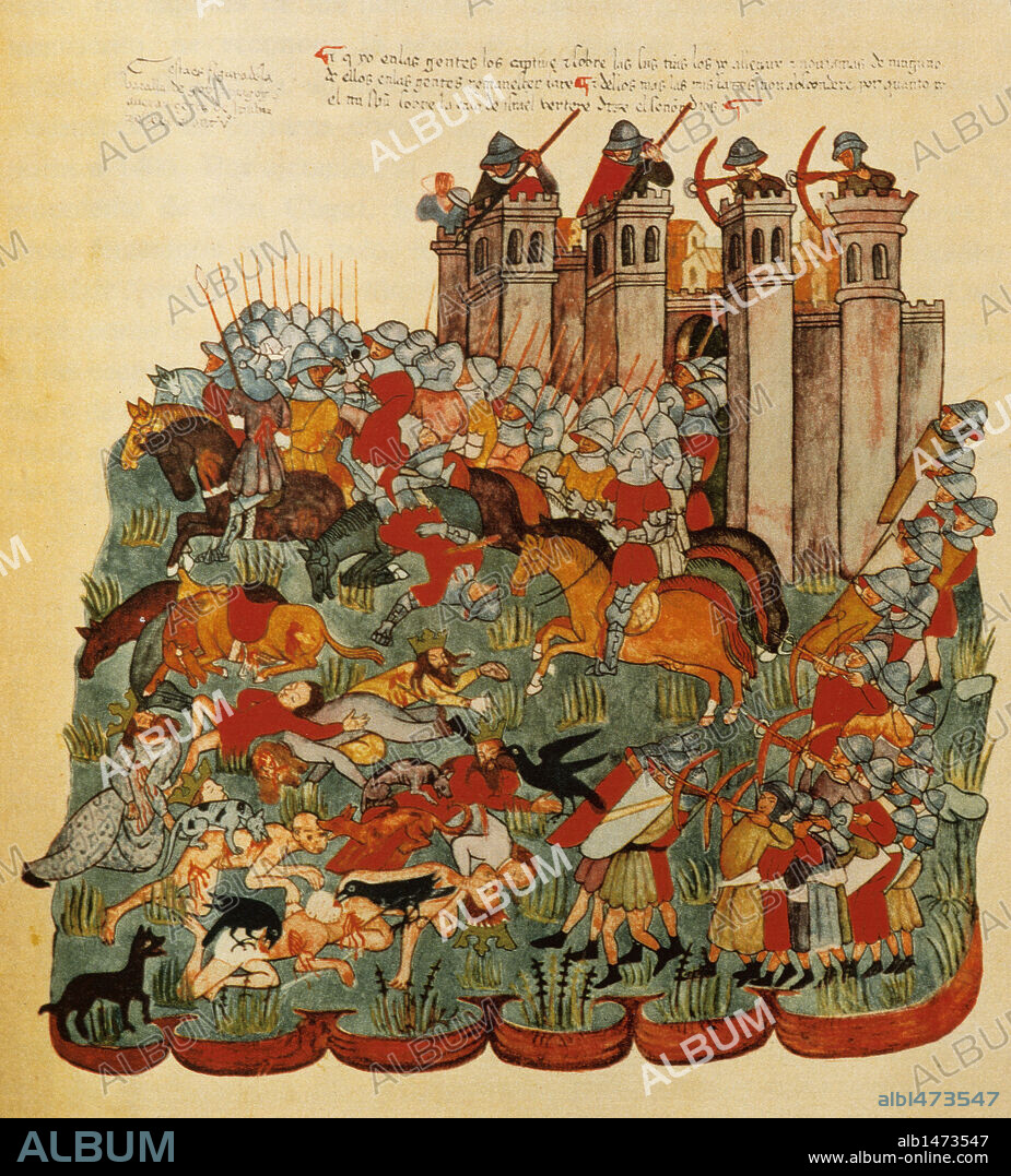 ESCENA DE BATALLA. "GUERREROS DEFENDIENDOSE DEL ATAQUE ENEMIGO". Miniatura de la BIBLIA DE LA CASA DE ALBA, códice del año 1430. Biblioteca del Palacio de Liria. Madrid. España.
