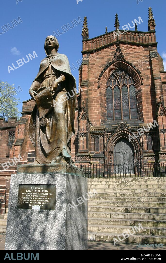 Lady Wulfrun statue and St Peter's Church, Wolverhampton, West Midlands. The city of Wolverhampton is named after Lady Wulfruna, a Saxon noblewoman, who founded the town in 985. She founded a monastery in 994, the site of which is now occupied by St Peter's Church, which dates from 1425.