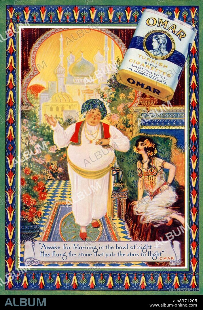 In the early 1900s, manufacturers of Turkish and Egyptian cigarettes tripled their sales and became legitimate competitors to leading brands. In 1911, The American Tobacco Company introduced Omar, a premium Turkish blend cigarette, in order to compete with other leading Turkish brands like Murad.<br/><br/>. The cigarette was named after the medieval Persian poet Omar Khayyam, who experienced a resurgence of popularity from 1900-1930. Advertisements for Omar cigarettes referenced Khayyam's famous poem, The Rubaiyat , and focused on themes of pleasure, leisure, and luxury.
