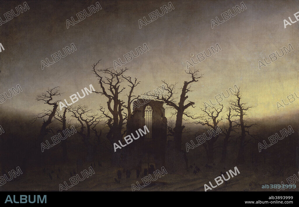 CASPAR DAVID FRIEDRICH. The Abbey in the Oakwood. Date/Period: 1809 or 1810. Painting. Oil on canvas. Length: 171 cm (67.3 in); Height: 110.4 cm (43.4 in).