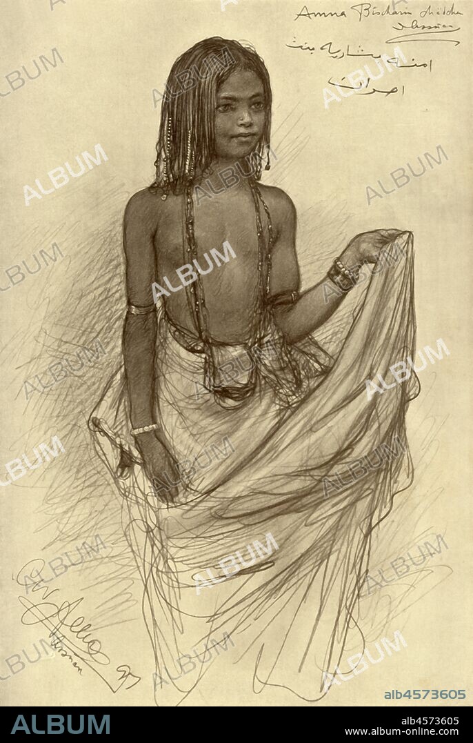 CHRISTIAN WILHELM ALLERS. Bishari girl, Aswan, Egypt, 1898. Portrait of a child from the Bishari tribe who live in the eastern Nubian Desert in Sudan and in southern Egypt. 'Amna, Bischarin Mädchen, Assuan'. From "Rund um die Erde" [Round the Earth], written and illustrated by C. W. Allers. [Union Deutsche Verlagsgesellschaft, Stuttgart, 1898].