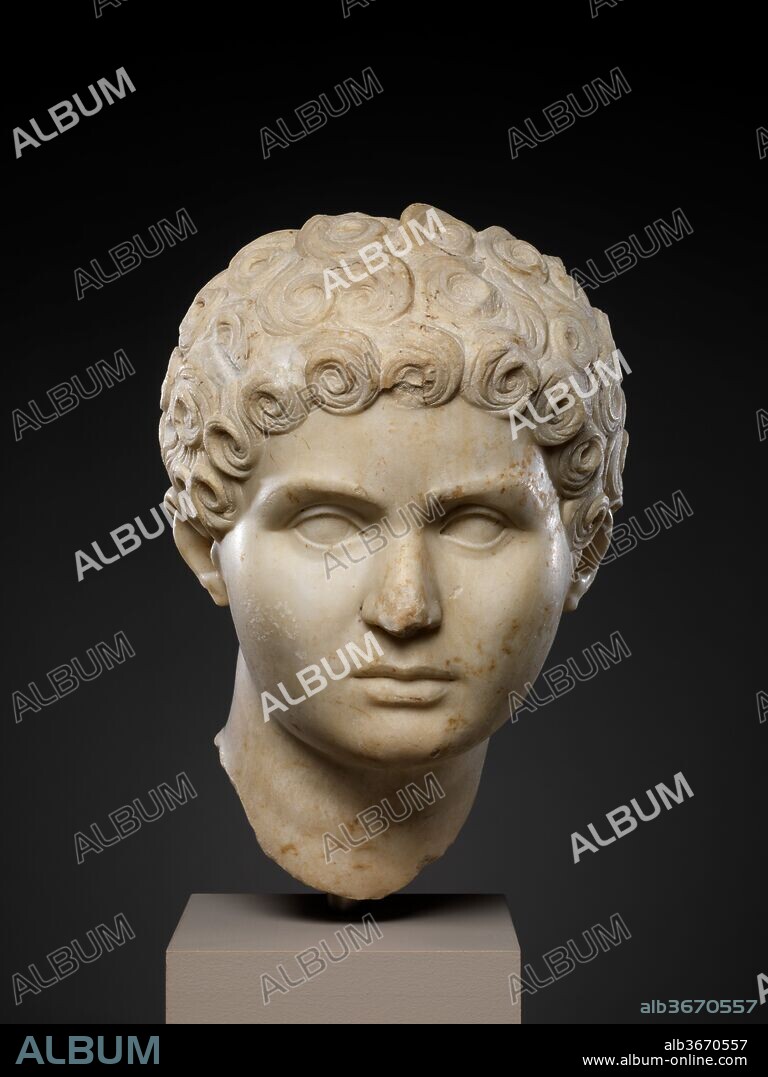Marble portrait of a young girl. Culture: Roman. Dimensions: H. 12 1/4 in. (31.1 cm). Date: A.D. 81-96.
The often-changing hairstyles of ladies at the imperial court are well documented, making possible the approximate dating of many portraits of unknown but fashionable women. This girl's coiffure with a rounded halo of curls and tight braids tied at the nape of the neck is very similar to that of Domitia Longina, wife of the emperor Domitian, as she appears on coin portraits that are dated to the early eighties A.D.