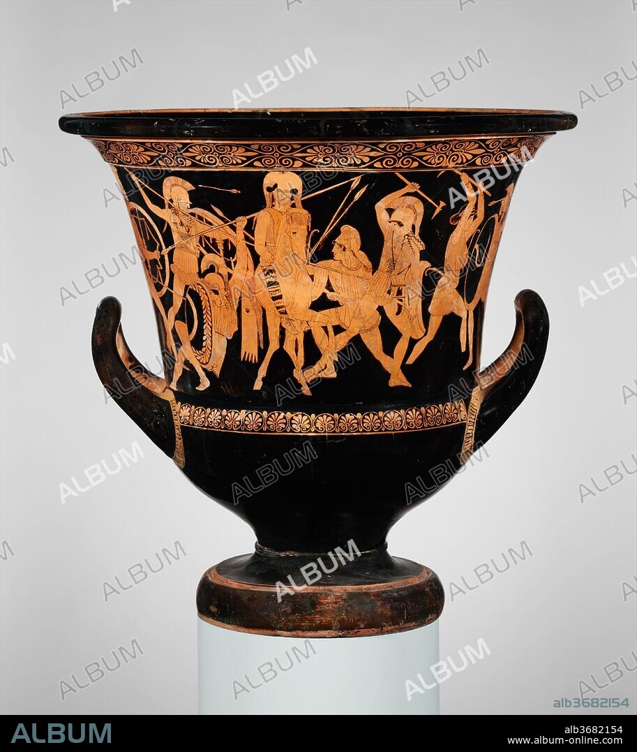 Terracotta calyx-krater (bowl for mixing wine and water). Culture: Greek, Attic. Dimensions: H. 21 15/16 in. (55.8 cm)
diameter  22 15/16 in. (58.3 cm). Date: ca. 460-450 B.C..
Obverse and reverse, Amazonomachy (battle between Greeks and Amazons)
The number of figures and the complexity of poses here reflect an innovation that entered vase-painting about the middle of the fifth century B.C. and is generally attributed to the influence of monumental wall-painting.  The frontal mounted Amazon in the middle of the composition, her falling comrade to the left, and the overlapping of figures, shields, and weapons dramatically convey the tumult of battle.  At the same time, the many spatial planes strain the implicitly shallow stage provided by the black background of a vase.  The fundamental incompatibility between naturalistic representation and the expressive possibilities offered by vase-painting led to the latter's demise--although that would come only at the end of the fourth century B.C.  In the meantime, artists exploited every possibility to depict motion and emotion in the human figure.