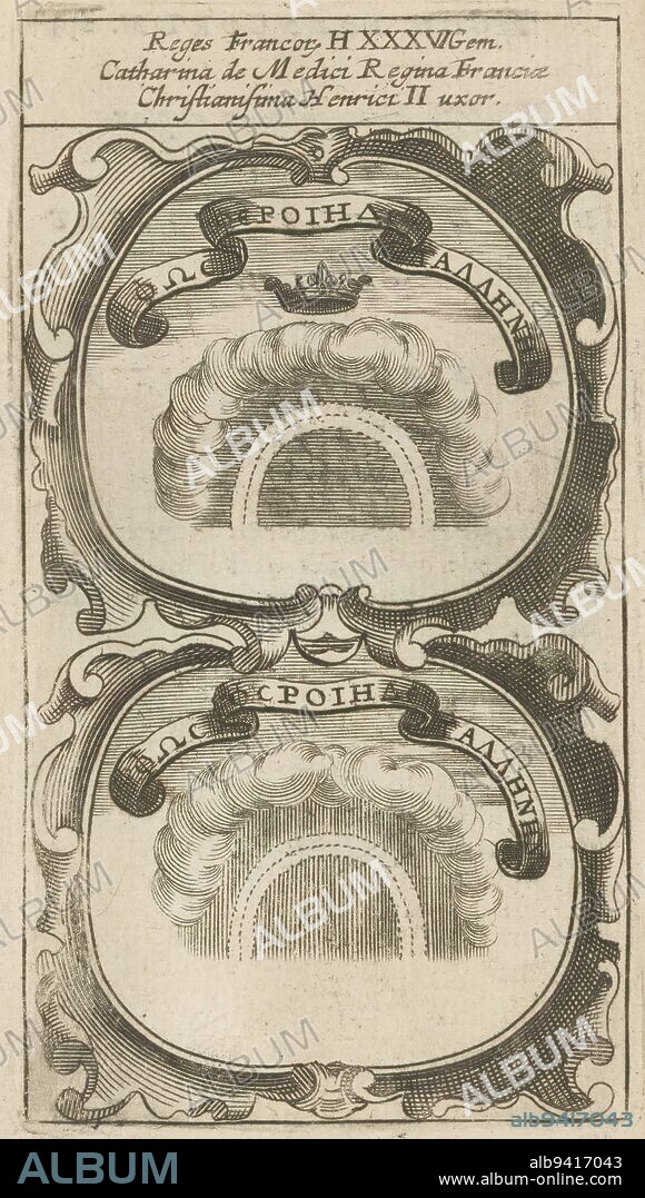 Rainbow in the clouds,  (title on object), Symbola Divina et Humana Pontificum Imperatorum Regum (series title), An emblem with two similar representations: a rainbow in the clouds. Above with crown. Next to it a Greek motto. The mottoes are those of Catherine de' Medici., print maker: anonymous, after print by: Aegidius Sadeler (II), 1666, paper, engraving, letterpress printing, height 119 mm × width 65 mm.