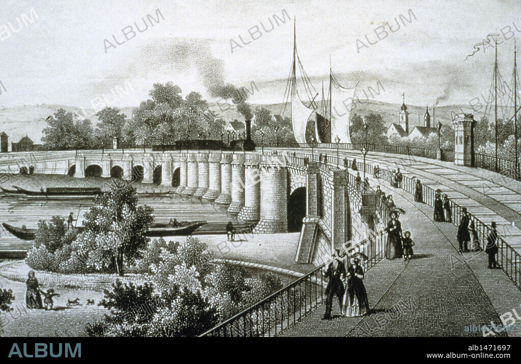 Unification of Germany (1815-1871). German Customs Union. 1834. First major railway bridge in Dresden. Steel engraving, 1850.