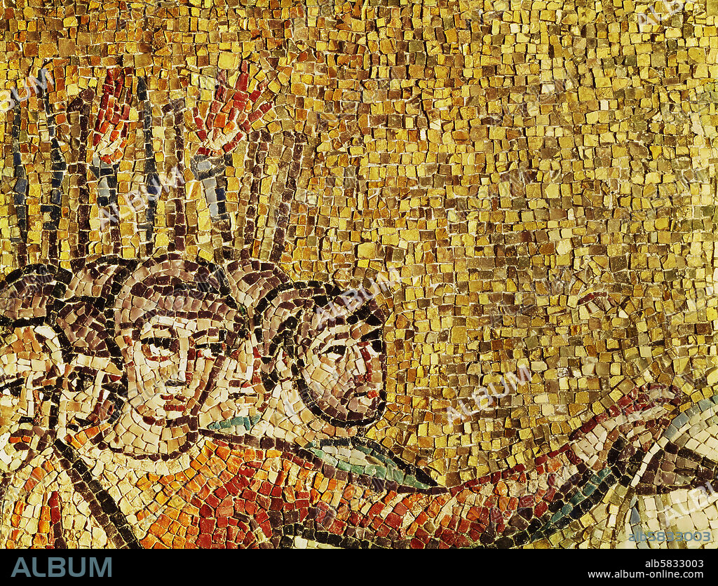 Roman soldiers with torches. Detail of " Jesus arrested by Roman soldiers" (15-03-02 / 34). Mosaic (6th).