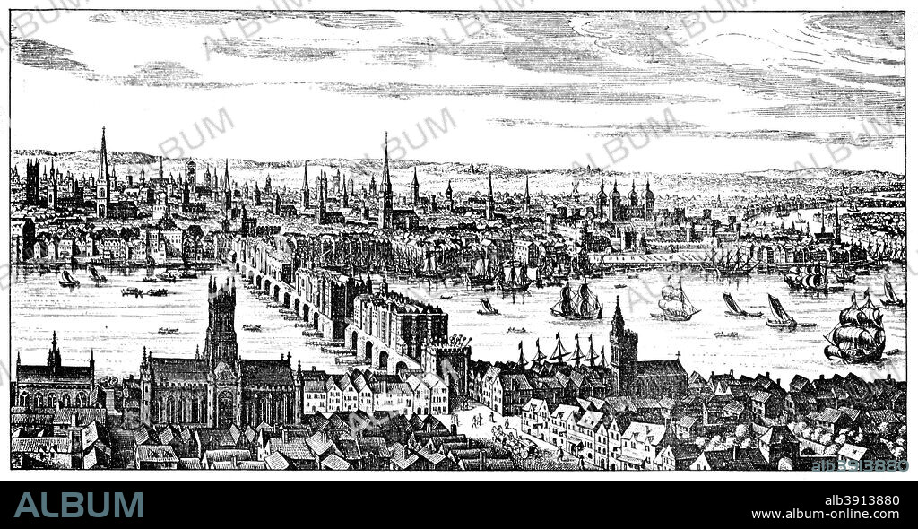 General view of London, 1666, (1909). Pre-Great Fire view of the City of London and the River Thames, from a plan of the year 1666. On the South Bank is Southwark Cathedral, with Old London Bridge spanning the Thames, and the Tower of London on the right. Engraving from  Harmsworth, History of the World, (London, 1909).