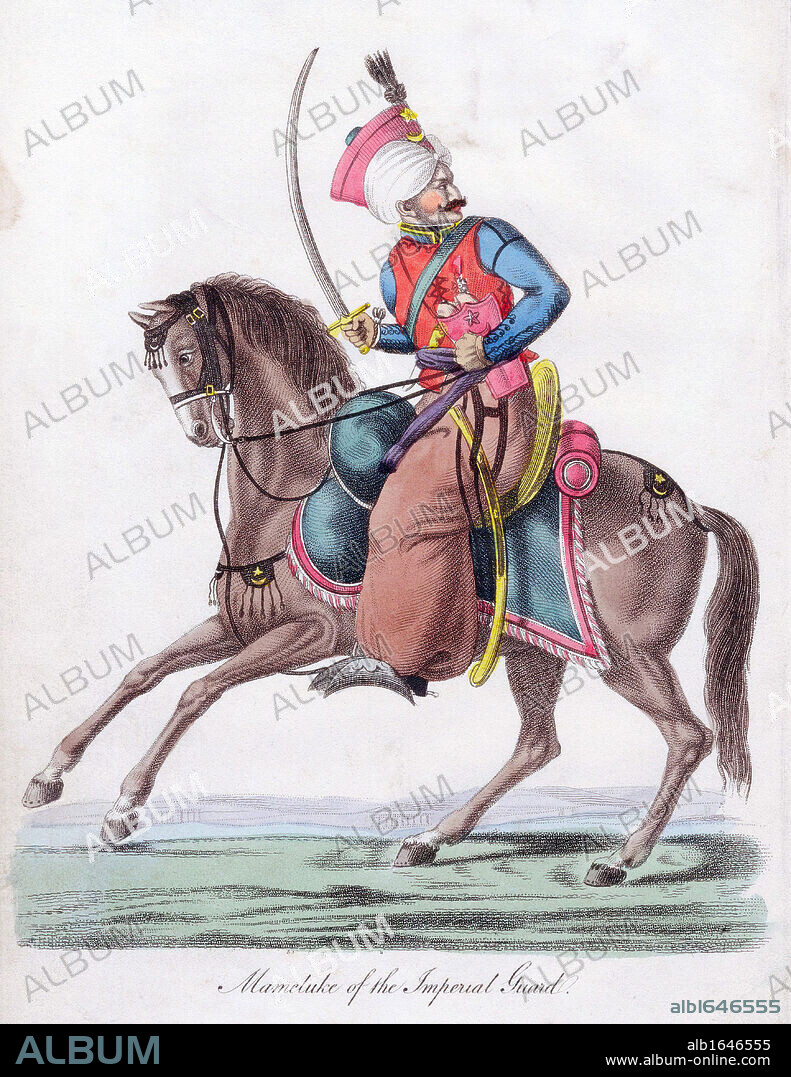 Mamluk (Mameluke) of Ottoman Imperial Guard. When Napoleon invaded Egypt it was the Mamluks who fought him. Mamluks lost power in massacre of 1811 instigated by Muhammad Ali Pasha (1769-1849) Aquatint c1820.