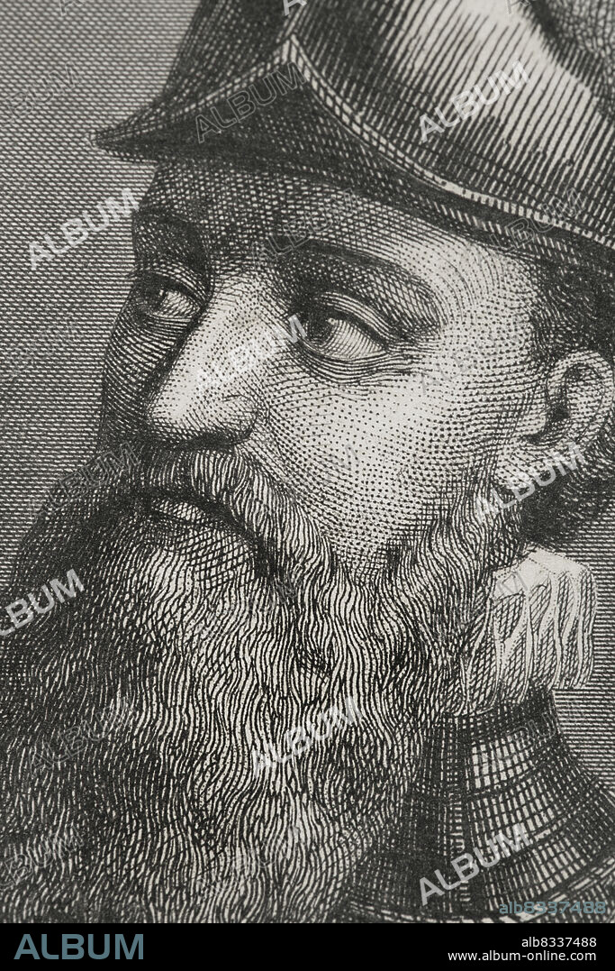 Francisco Pizarro (1478-1541). Conquistador español. Lideró la expedición que iniciaría la Conquista del Perú. Gobernador de Nueva Castilla. Retrato. Grabado. Detalle. Historia Universal, por César Cantú. Tomo IV, 1856.