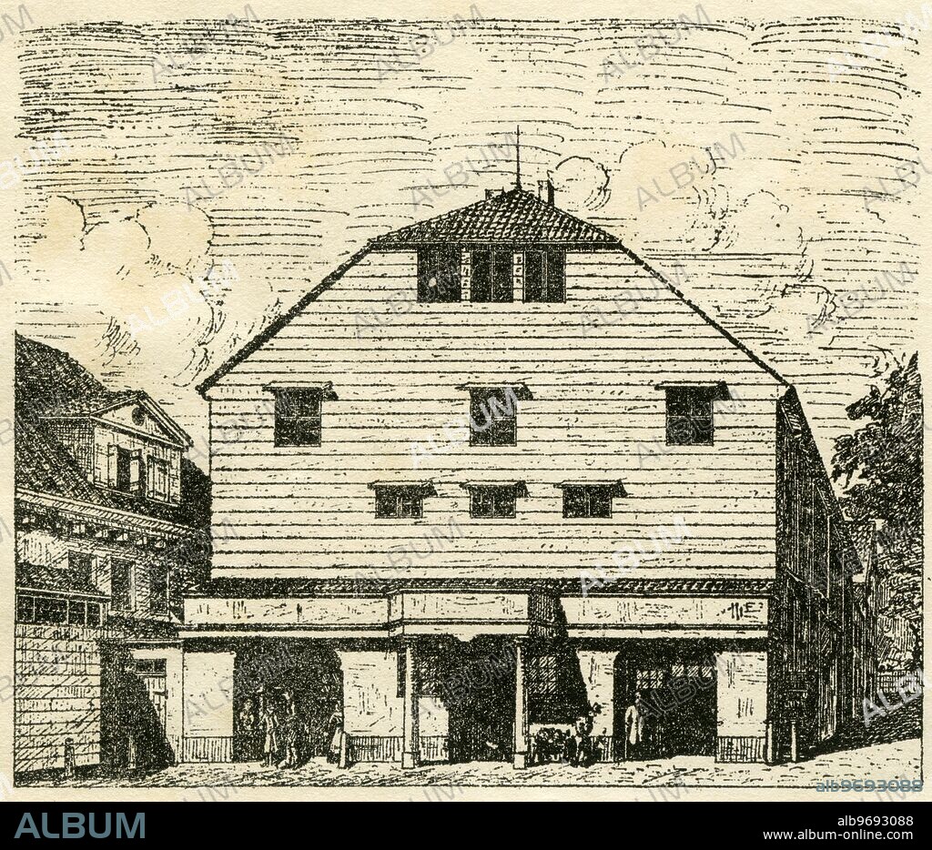 Europe, Germany, Hamburg, original text : " The theatre of Ackermann on the opera yard, after an watercolour painting , probably for the cashier Treusein, 1827, by Ed. Hallier " , illustration from the commemorative publication to the construction of the Lessing monument, on the 08. 09. 1881 .