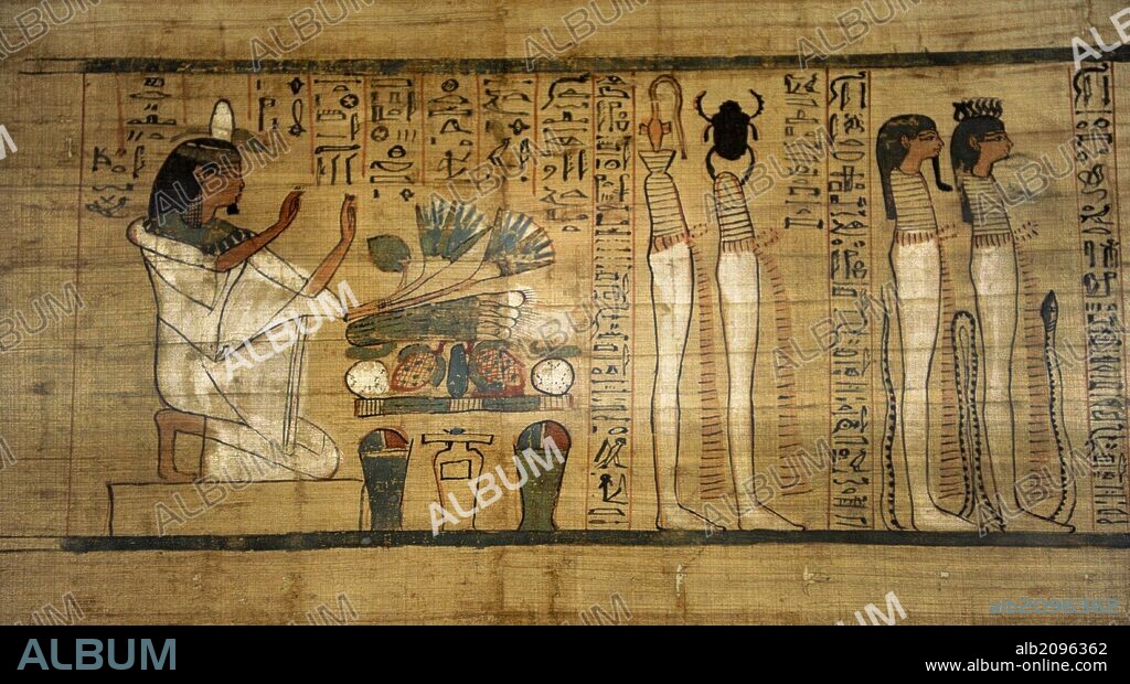 ARTE EGIPCIO. EGIPTO. Papiro funerario con la representación de la adoración a Ra en el oeste. Jeroglífico cursivo. Dinastía 21. 1075-946 a. C. Tercer Período Intermedio. Tebas. Neues Museum (Nuevo Museo). Berlín. Alemania. Europa.