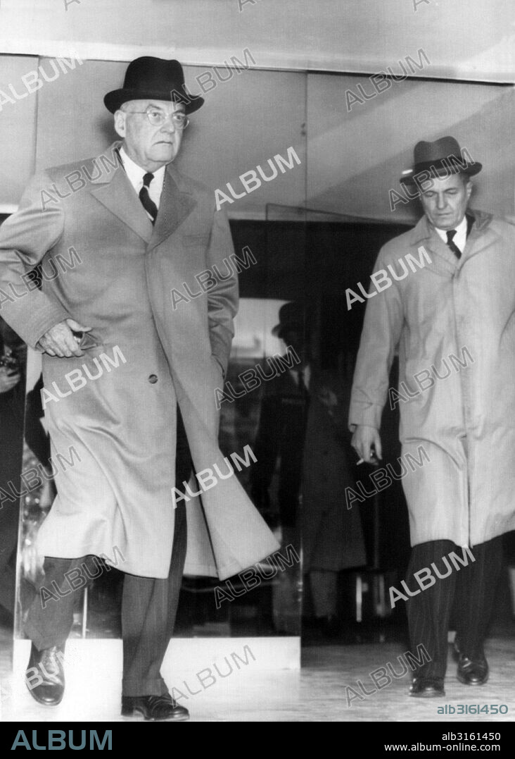 Geneva, Switzerland: April 28, 1954 President Eisenhower's Secretary of State John Foster Dulles looks grim as he leaves after a conference with Soviet Foreign Minister V. M. Molotov. Dulles supported a French call for a cease-fire at Dien Bien Phu to evacuate wounded French Union defenders.