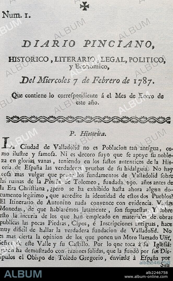 PRENSA ESPAÑOLA. SIGLO XVIII. "DIARIO PINCIANO". Número 1. (Del miércoles 7 de febrero de 1787). Impreso en Valladolid los miércoles de cada semana.