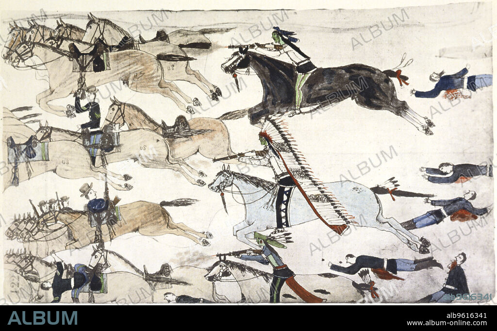AMOS BAD HEART BUFFALO. Battle of Little Bighorn, Montana, USA, 25-26 June 1876 (c1900). Retreat of US 7th Cavalry battalions under Major Marcus Reno (1834-1889). The Little Bighorn was a crushing defeat inflicted on the US 7th Cavalry by Sioux and Cheyenne warriors commanded by Sitting Bull and Crazy Horse. Reno's detachment was forced to retreat after encountering a much larger force, but the troops commanded by General George Armstrong Custer were surrounded and killed to the last man in the action known as 'Custer's Last Stand'. The Native American victory only temporarily delayed the encroachment of white settlers onto their lands however.