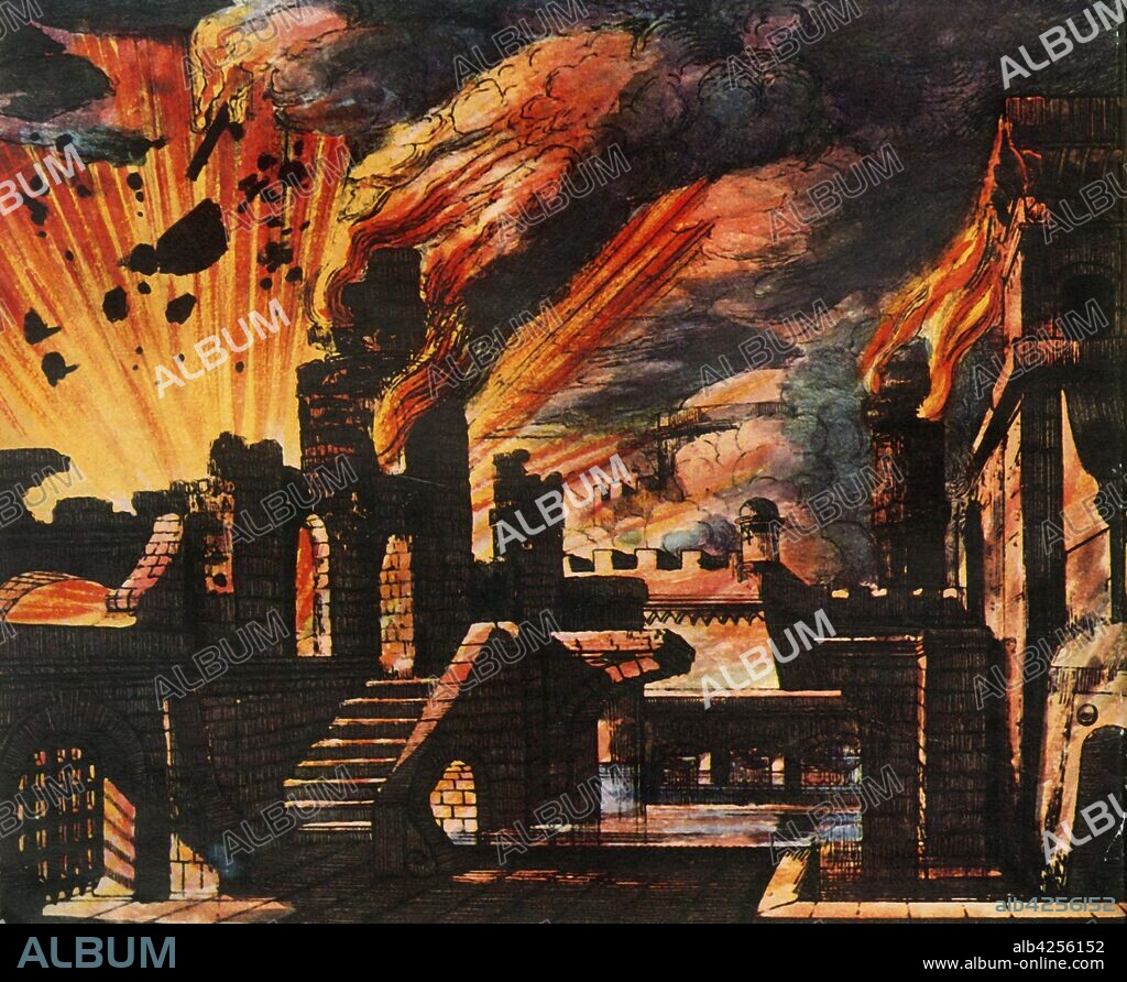 M. W. STONE. Last scene of West's "Lodoiska, or the Captive Princess" 1824, (1948). The final scene from a production of "Lodoïska", an opera by Luigi Cherubini. Dourlinsky's castle is blown up, and the heroine Lodoiska is rescued. The spectacular on-stage pyrotechnics helped to make the opera a hit in Paris. From "The Saturday Book", Eighth Year, edited by Leonard Russell. [Hutchinson, London, 1948].