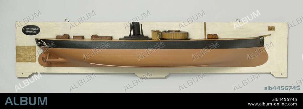 Half Model or an Ironclad Ram Ship, Polychrome stacked model and half model (starboard) of a ram tower ship. It has a rounded ramsteven, decorated with leaf motifs at the top, a cruiser fence with lights and carving of tendrils, a rudder with rounded rudder blade and one of a pair of three-leaf screws with adjustable pitch. On the deck is a single gun turret with large round hatch and two round erect domes, behind the dome is the bridge with a gangway with grilles, a chimney, two covered entrances on the stern and various cabinets scattered across the deck. A mast on the fore ship and a very short bowsprit. The sheer is completely flat, the hull shape is a round truss and the model has a keel keel. Scale 1:40 (scale on model), Guinea (ship), Matador (ship), Rijkswerf Amsterdam, Amsterdam, c. 1867 - c. 1870, wood (plant material), brass (alloy), h 41 cm × w 185.5 cm × d 20 cm.