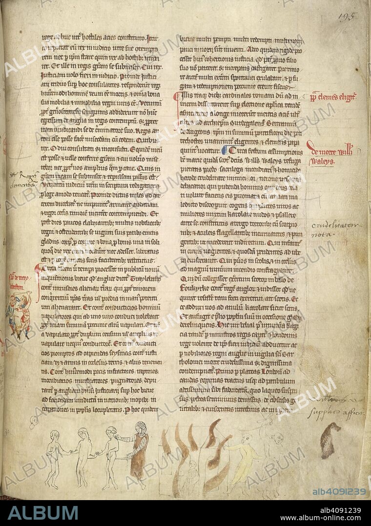 Sir William Wallace. Chronica Roffense [Flores Historiarum made at Roch. England (Rochester); early 14th century. [Whole folio] Chronicle concerning the cruelty, barbarous actions and subsequent death of Sir William Wallace [22 August 1305]. Text illustrated by marginal drawings of naked figures taken prisoner by a soldier with a sword, and a figure in a burning house  Image taken from Chronica Roffense [Flores Historiarum made at Rochester].  Originally published/produced in England (Rochester); early 14th century. . Source: Cotton Nero D. II, f.196. Language: Latin.