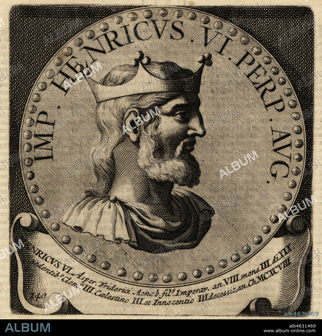 Holy Roman Emperor Henry VI, 1165-1197. Heinrich VI, Henricus VI, Asper, King of the Germans, King of Sicily. Copperplate engraving from Abraham Bogaerts De Roomsche Monarchy, The Roman Monarchy, Francois Salma, Utrecht, 1697.