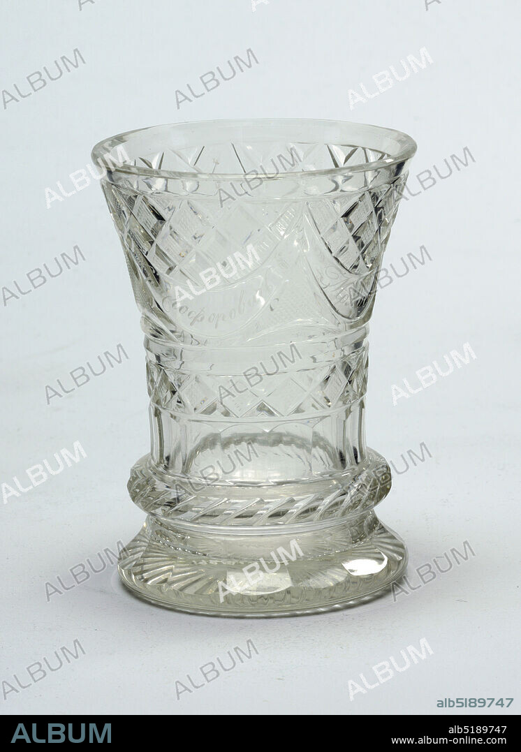 beaker, glass, Beaker-shaped body, flared towards top, flared base; cut with wide flutes bottom, a projecting hatched ring above, bands of flutes and strawberry diamonds above that, at top a wide band of swags engraved with an inscrip- tion, strawberry diamonds and fine diamonds above; rayed flutes on bottom., Bohemia, ca. 1827, glasswares, Decorative Arts, beaker.