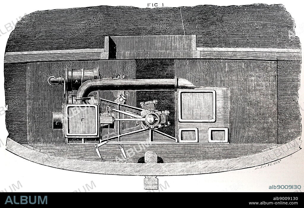 Cutaway view of a steam turbine engine in a small vessel. Dated 19th Century.