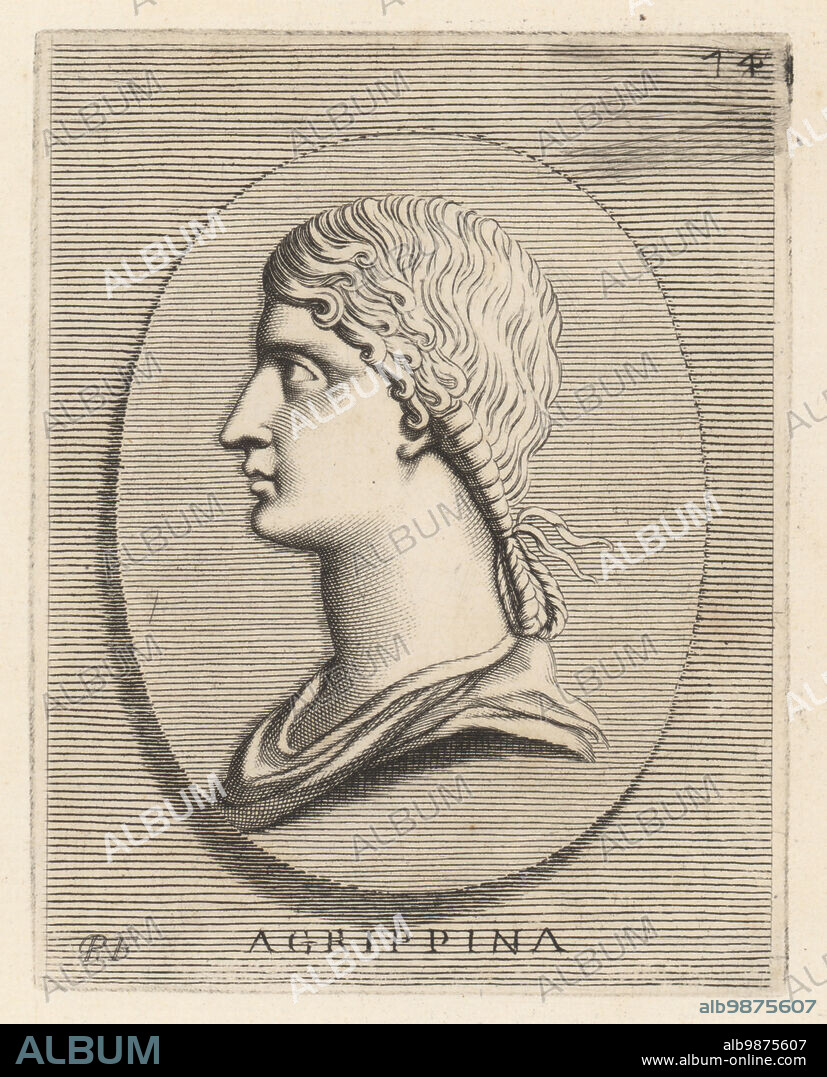 Agrippina the Elder, wife of Germanicus, c.14 BC - 33 AD, daughter of Marcus Vipsanius Agrippa and Emperor Augustus' daughter, Julia the Elder. Head from chrysolite gem. Agrippina. Copperplate engraving by Etienne Picart after Giovanni Angelo Canini from Iconografia, cioe disegni d'imagini de famosissimi monarchi, regi, filososi, poeti ed oratori dell' Antichita, Drawings of images of famous monarchs, kings, philosophers, poets and orators of Antiquity, Ignatio deLazari, Rome, 1699.