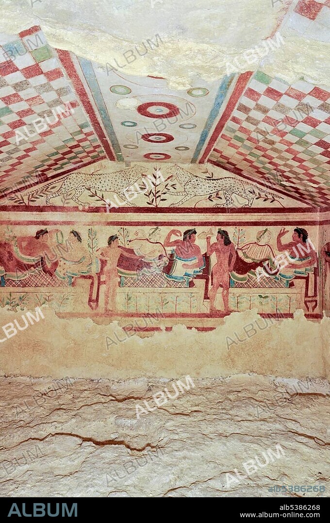 Frescoes, Tomba dei Leopardi, Tomb of the Leopards, one of the Etruscan grave chambers of Monterozzi Necropolis, 6th to 2nd century BC, Tarquinia, Lazio, Italy, Europe