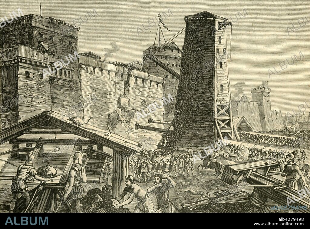 'The Attack on Rhodes', 1890. The Helepolis siege tower, at the Siege of Rhodes, 305-304 BC in which Demetrius Poliorcetes attempted to make Rhodes abandon  neutrality and end its relationship with Ptolemy I.  From "Cassell's Illustrated Universal History, Vol. I - Early and Greek History", by Edmund Ollier. [Cassell and Company, Limited, London, Paris and Melbourne, 1890].