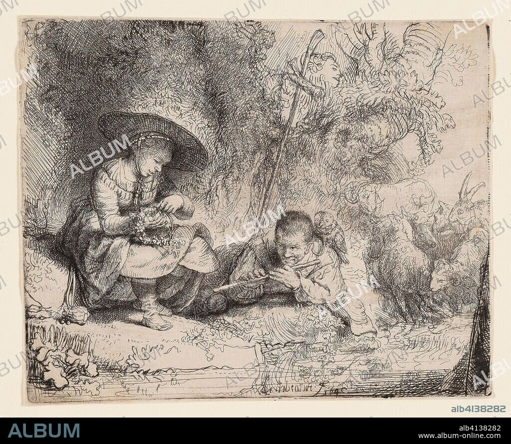 REMBRANDT HARMENSZOON VAN RIJN. The Flute Player. Rembrandt van Rijn; Dutch, 1606-1669. Date: 1642. Dimensions: 118 × 145 mm (sheet). Etching and drypoint on ivory laid paper. Origin: Netherlands.
