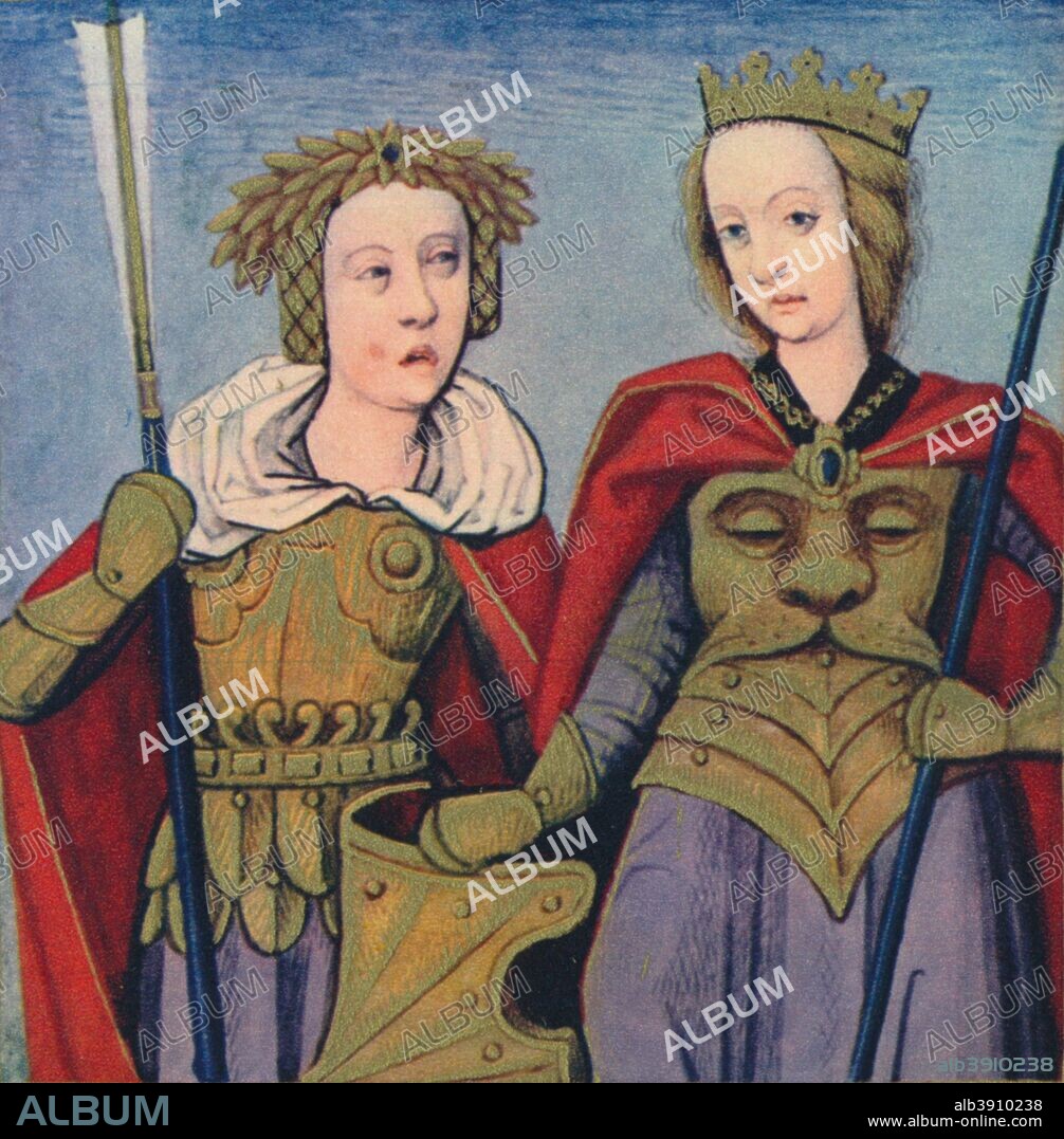 'Orithie & Antiope - Reines Des Amazones', 1403, (1939). The illustration is part of the manuscript De Claris mulieribus, traduction anonyme en francais (Livre des femmes nobles et renommees) by Giovanni Boccaccio, housed in the Bibliotheque nationale de France, Paris. From Verve - Nos. 5-6, July-October 1939. [Verve, France, 1939].