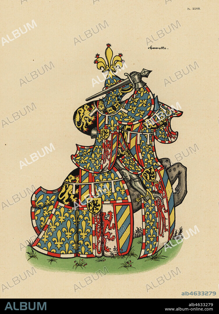 Charles the Bold, Charles le Temeraire, comte de Charolais, duc de Bourgogne, 1433-1477. Chromolithograph from Loredan Larchey's Ancien Armorial Equestre de la Toison d'Or et de l'Europe au 15e siecle (Ancient Equestrian Armorials of the Order of the Golden Fleece and Europe in the 15th century), Paris, 1890. From illustrated manuscript 4790 in the Bibliotheque de l'Arsenal. Crest of fleur-de-lis on his helmet.
