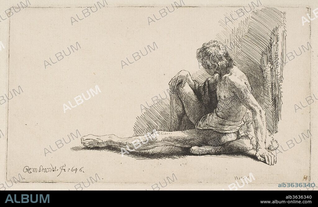 Study from the Nude: Man Seated on Ground, with One Leg Extended. Artist: Rembrandt (Rembrandt van Rijn) (Dutch, Leiden 1606-1669 Amsterdam). Dimensions: Sheet (Trimmed): 4 1/2 × 7 5/16 in. (11.4 × 18.5 cm)
Plate: 3 13/16 × 2 11/16 in. (9.7 × 6.8 cm). Date: 1646.