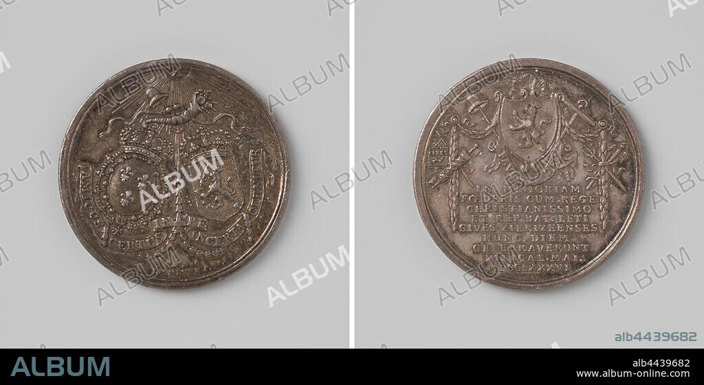 Treaty of Fontainebleau with France solemnly celebrated in Zierikzee, Silver Medal. Front: lit by a radiant triangle, two crowned wpa shields, wrapped with garland and pennant with lettering, hang from a stuffed horn of abundance and a hat of freedom on a spear. Reverse: coat of arms above pennant with inscription between freedom hat on spear and anchor, a garland hangs over a coat of arms, on the left a Roman field sign and rod with an ax hanging on it, on the right a Mercury staff and trident, below inscription, Zierikzee, Fontainebleau, Hendrik de Meijer, Utrecht, 1786, silver (metal), striking (metalworking), d 3.4 cm × w 16.62 gr.