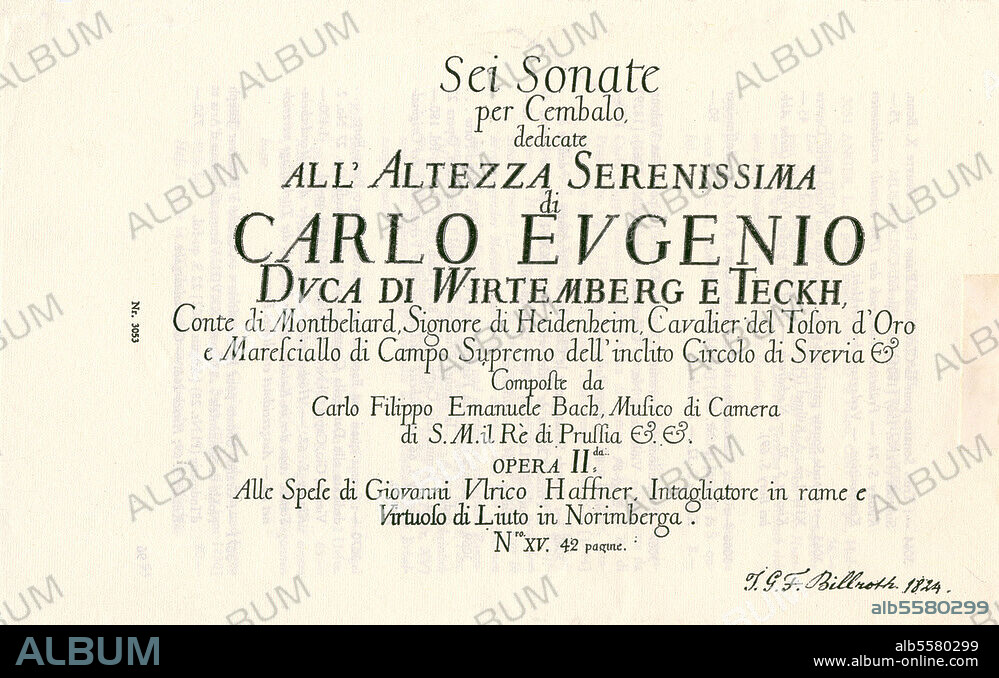 Bach, Carl Philipp Emanuel ; musicien et compositeur allemand ; 1714-1788. Oeuvre : Six Sonates pour clavecin (Sonates prussiennes). Page de titre de la partition, Nuremberg (G.U.Haffner) 1744. Avec dédicace au duc Carl Eugen ("CARLO EVGENIO") de Wurtemberg.