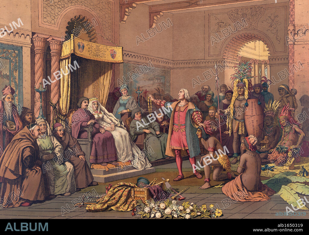 Christopher Columbus in the Barcelona court of King Ferdinand and Queen Isabella of Spain in 1493 after returning from his first voyage to the New World. After an artwork of the 1890's.
