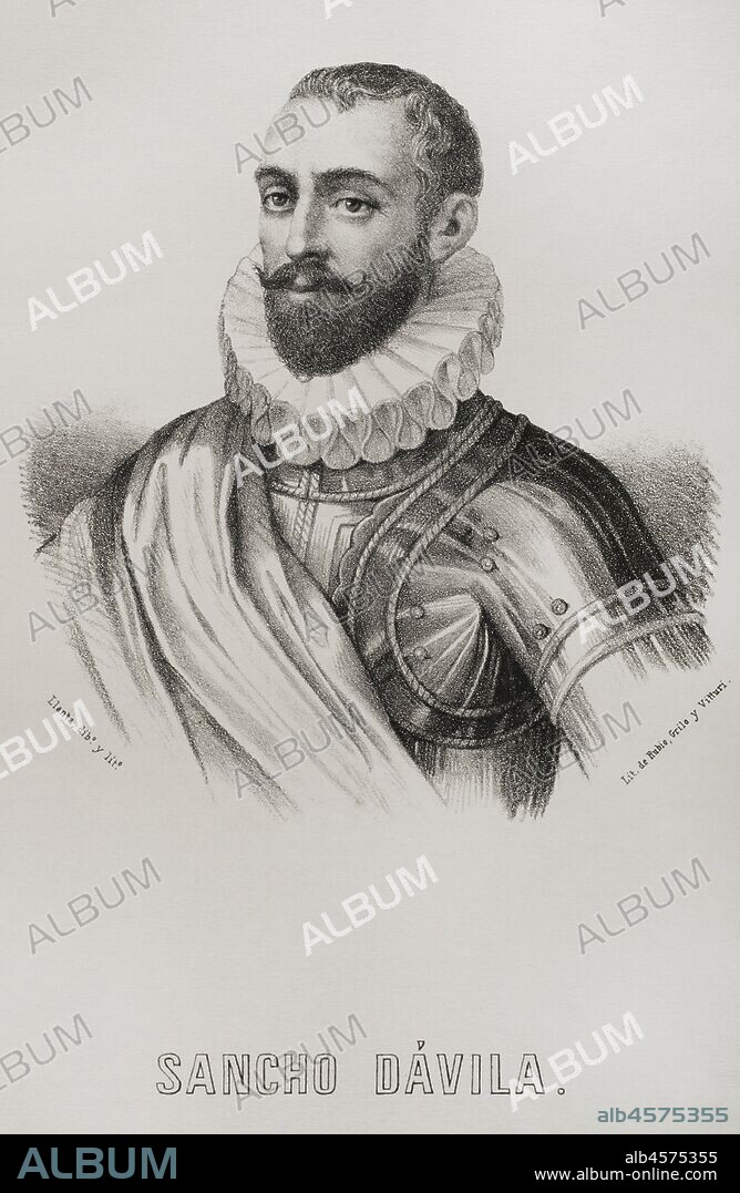 Sancho Dávila y Daza (1523-1583) apodado"el Rayo de la Guerra". Militar español. Dibujo por Llanta. Litografía. Crónica general de España, Historia Ilustrada y Descriptiva de sus Provincias. Castilla-La Vieja,1870. Biblioteca Histórico Militar de Barcelona, Cataluña, España.