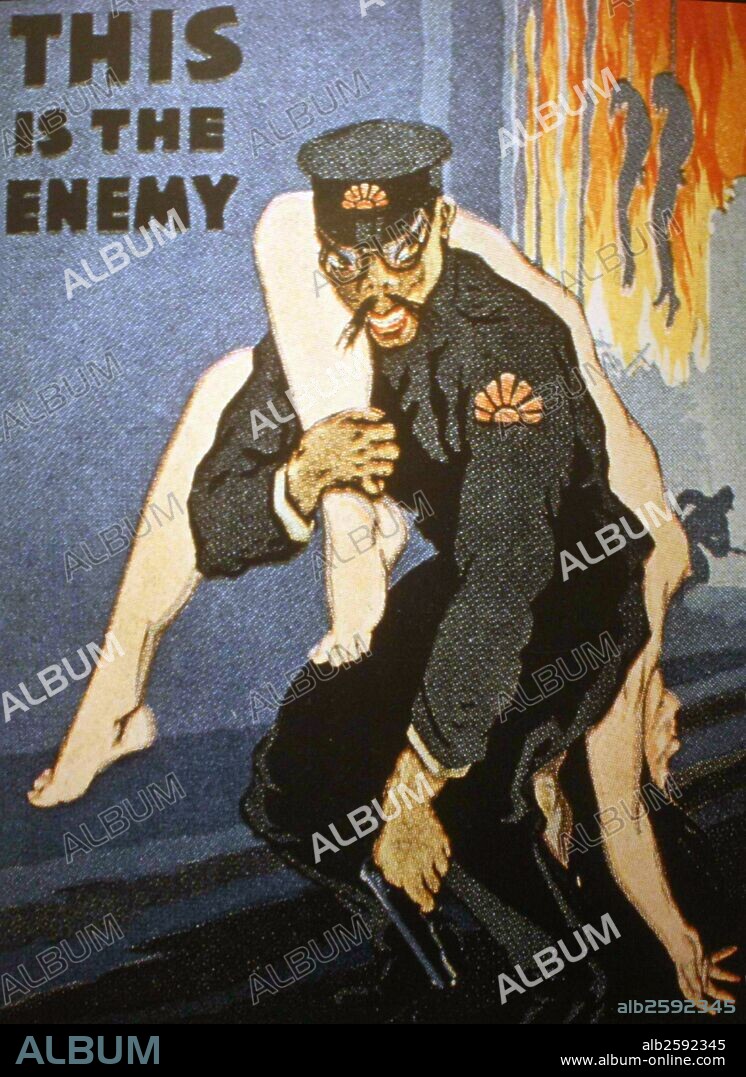 American anti-Japanese propaganda poster. Drawing on Japanese samurai traditions, American propagandists portrayed the Japanese as blindly fanatic and ruthless, with a history of desiring overseas conquests. Japanese propaganda often called for the Japanese people to become "one hundred million hearts beating as one" which Allied propagandists used to portray the Japanese as a mindless, unified mass. Atrocities were ascribed to the Japanese people as a whole. .