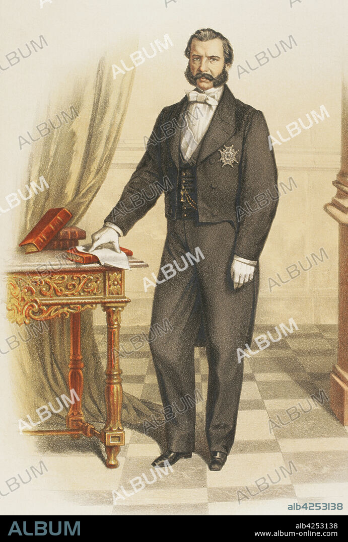 Caballero con la insignia de la Gran Cruz de la Real y Distinguida Orden Española de Carlos III (anteriormente Real y Muy Distinguida Orden de Carlos III). Creada por el rey de España Carlos III en 1771, para condecorar a personajes por sus méritos y virtudes. Traje de serio. Cromolitografía. Historia de las Ordenes de Caballería y de las Condecoraciones Españolas. Madrid, 1865.