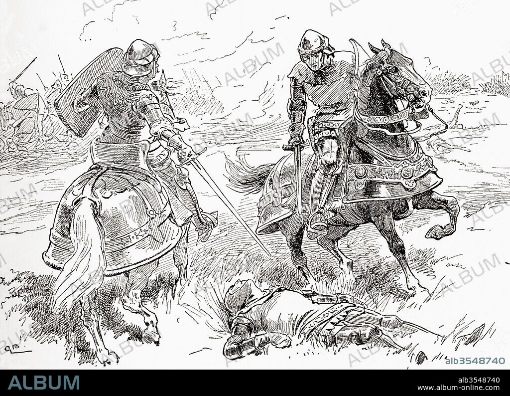 A scene from William Shakespeare's play King Henry IV, Part 1, Act V, scene 3. Earl of Douglas: "All's done, all's won, here breathless lies the king."  Illustration by Gordon Browne. From The Works of William Shakespeare, published 1896.