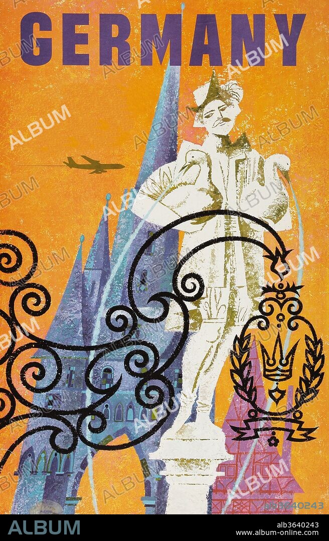 During the heyday of airline travel of the 1950's and 1960's, a series of travel posters were issued to entice travelers to exotic destinations. This is one a series of posters from a now defunct airline. David Klein, the artist who did this great poster depicting the fabled Goose man of Nuremberg is best remembered for the travel advertisements he created for Howard Hughes and Trans World Airlines during the 1950s and 60s., David Klein, 1960.