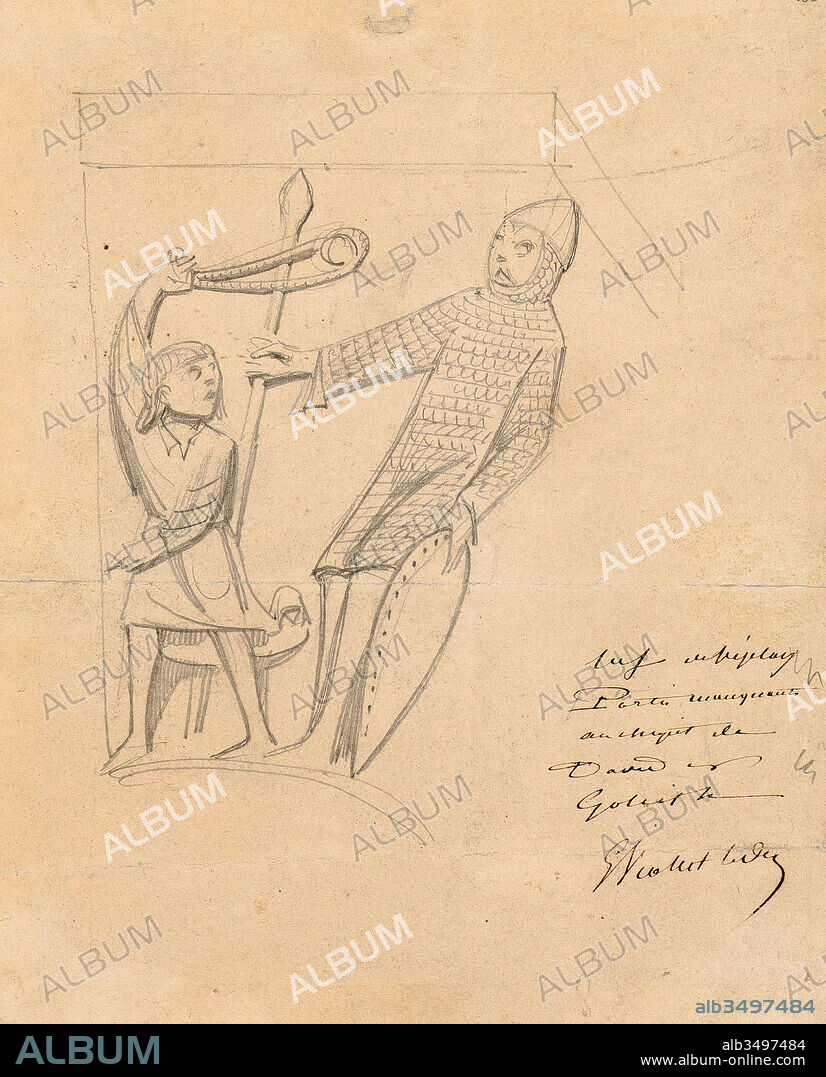 Drawings and Prints, Drawing, David and Goliath, after a Capital in Vézelay Abbey, Artist, Eugène-Emmanuel Viollet-le-Duc, French, Paris 1814–1879 Lausanne, Viollet-le-Duc, Eugène-Emmanuel, 1814, 1879, ca. 1840, 1835.