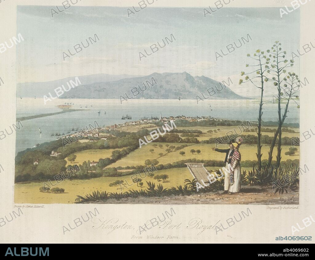 JAMES HAKEWILL and SUTHERLAND. Kingston and Port Royal. A picturesque Tour in the Island of Jamaica, from. London, 1825. Kingston and Port Royal from Windsor Farm.  Image taken from A picturesque Tour in the Island of Jamaica, from drawings made in the years 1820 and 1821..  Originally published/produced in London, 1825. . Source: 1486.gg.11, plate 3. Language: English.