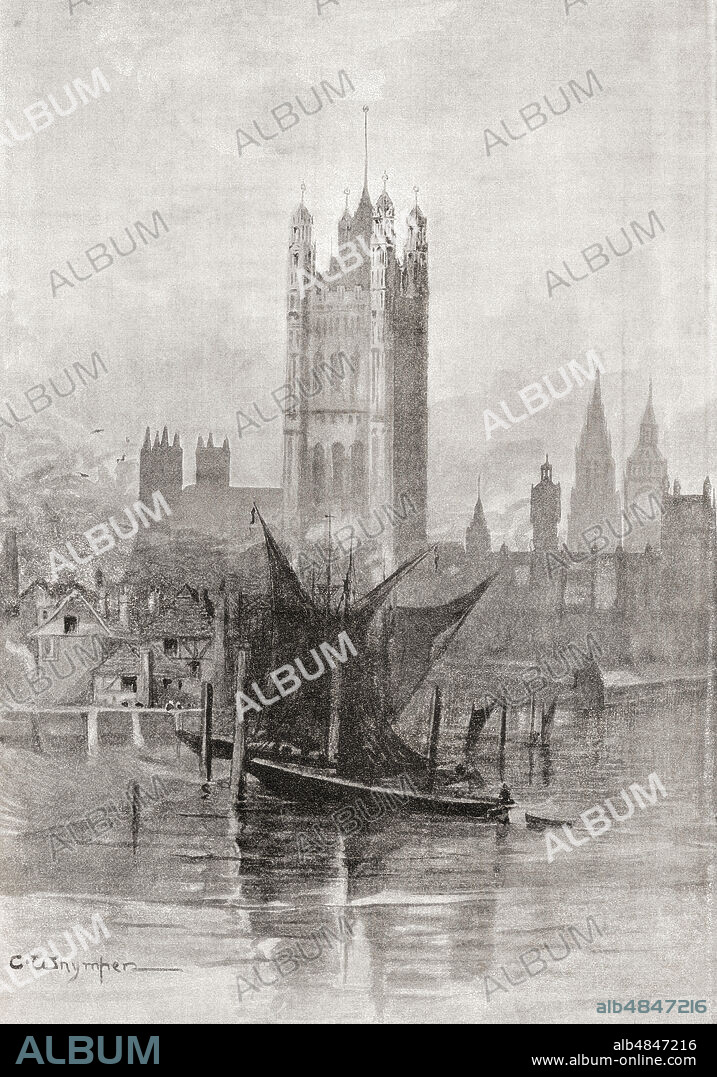 The New Palace of Westminster, City of Westminster, London, England, seen here after its reconstruction following the fire of 1834 which virtually destroyed the old palace.  From London Pictures, published 1890.