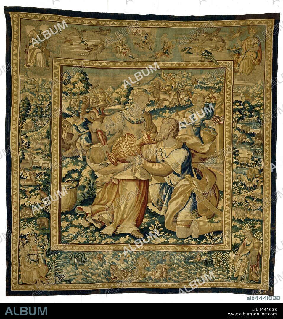 Rebekah and Eliezer at the well The history of Rebekka and Eliezer (series title), Tapestry with Rebecca drinking Eliezer (Gen. 24:18), from a series of tapestries with Rebecca's history and Eliezer (Gen.24) with edges with animals and in the corners the four elements, with the weaver brand of Willem de Kempeneere., anonymous, Brussels, c. 1575 - c. 1600, ketting, inslag, tapestry, h 305.0 cm × w 299.0 cm.