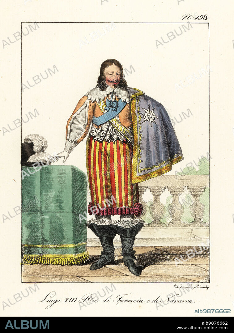 King Louis XIII of France and Navarre, 1601-1643. In short cape, lace collar, coat with slashed sleeves, striped pantalons, cavalier boots. Louis XIII, Roi de France et de Navare. Handcoloured lithograph by Lorenzo Bianchi and Domenico Cuciniello after Hippolyte Lecomte from Costumi civili e militari della monarchia francese dal 1200 al 1820, Naples, 1825. Italian edition of Lecomtes Civilian and military costumes of the French monarchy from 1200 to 1820.